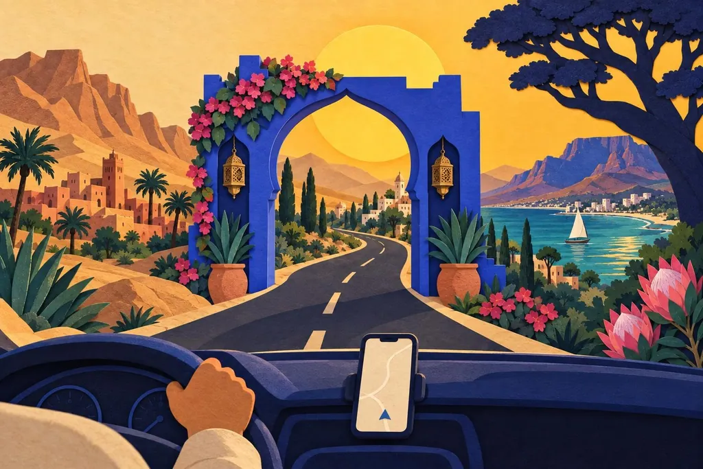 A paper-cut illustration of a border post between two landscapes with a road running through it and a phone on a dashboard showing a blank map.