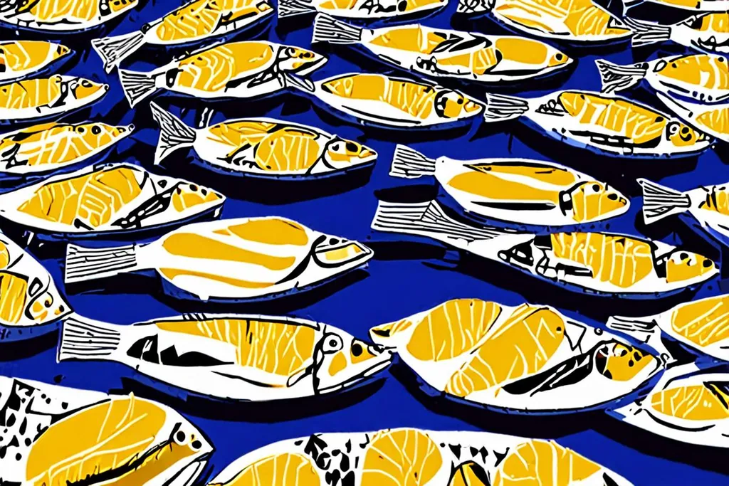 A paper-cut collage of the Agadir beach with striped parasols, a lifeguard tower, the curve of the bay and the wall of the ruined kasbah on the hill behind.