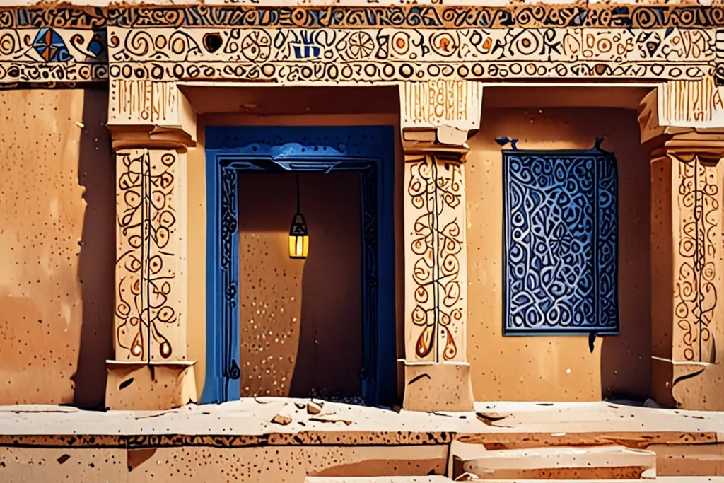 A paper-cut collage of a door in a rammed earth wall at Aït Benhaddou, with geometric motifs above it, a lantern on a bracket and a scarf hanging beside the threshold.