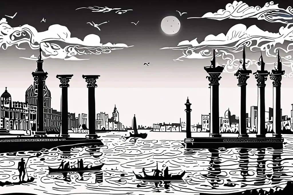 A paper-cut collage of the Alexandria corniche, with the curving seafront road, the round modern library behind it, the fortress of Qaitbay on its rock at the end and fishing boats in the harbour.