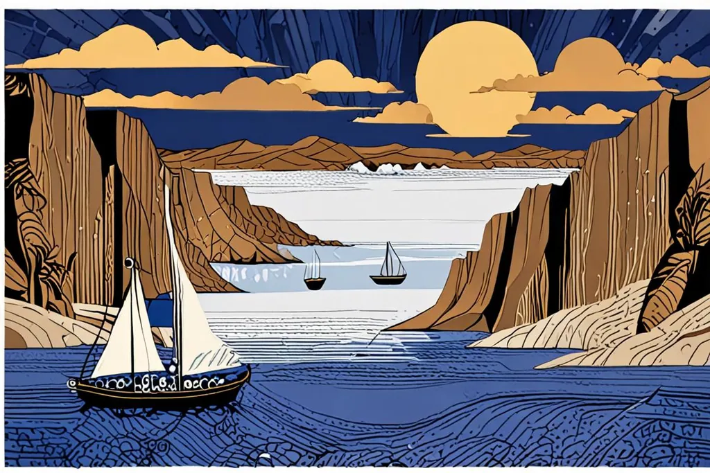 A paper-cut collage of Aswan, with granite islands and feluccas on the Nile, painted Nubian houses on the west bank and the colonnaded court of Philae temple beyond the water.