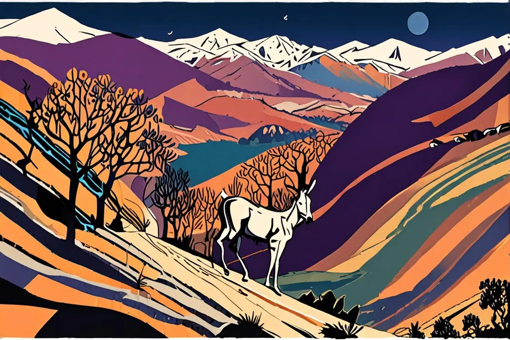 A paper-cut collage of a mule track winding up a terraced High Atlas valley, with stone houses and walnut trees below and snow-covered ridges above.