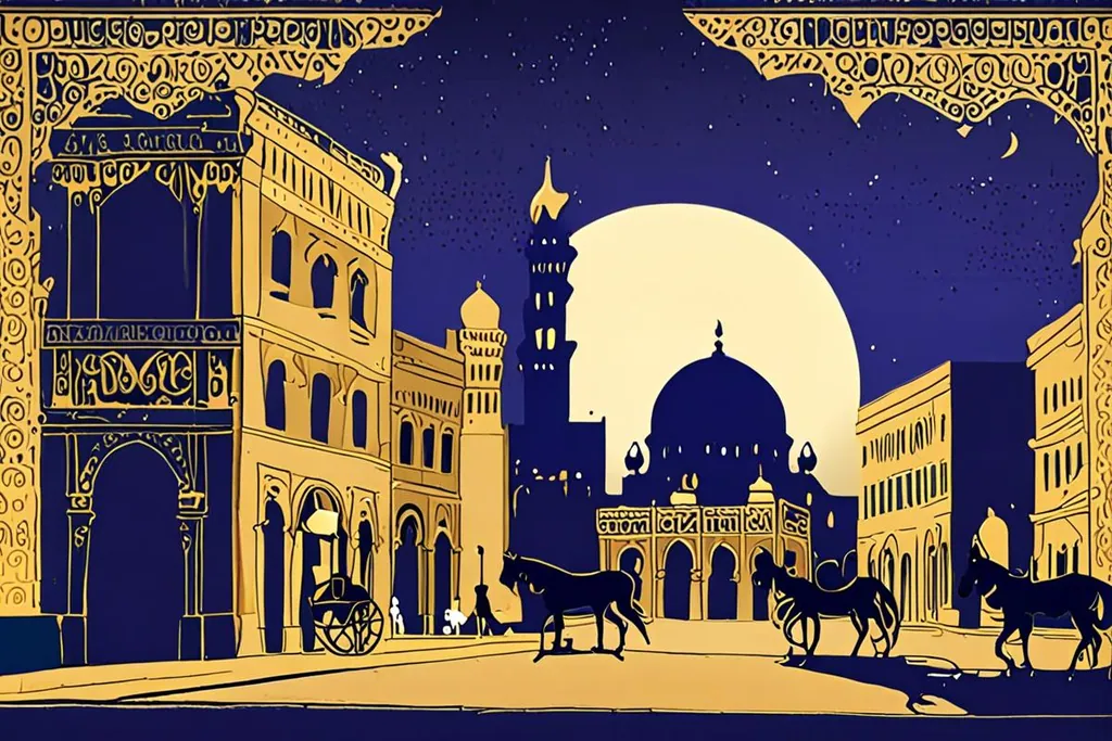A paper-cut collage of a Cairo street in the old city: a kiosk with a blank sign above it, a metro entrance under a lattice sign, a horse-drawn cart passing and a minaret above the rooftops, with gold signal arcs over the scene.