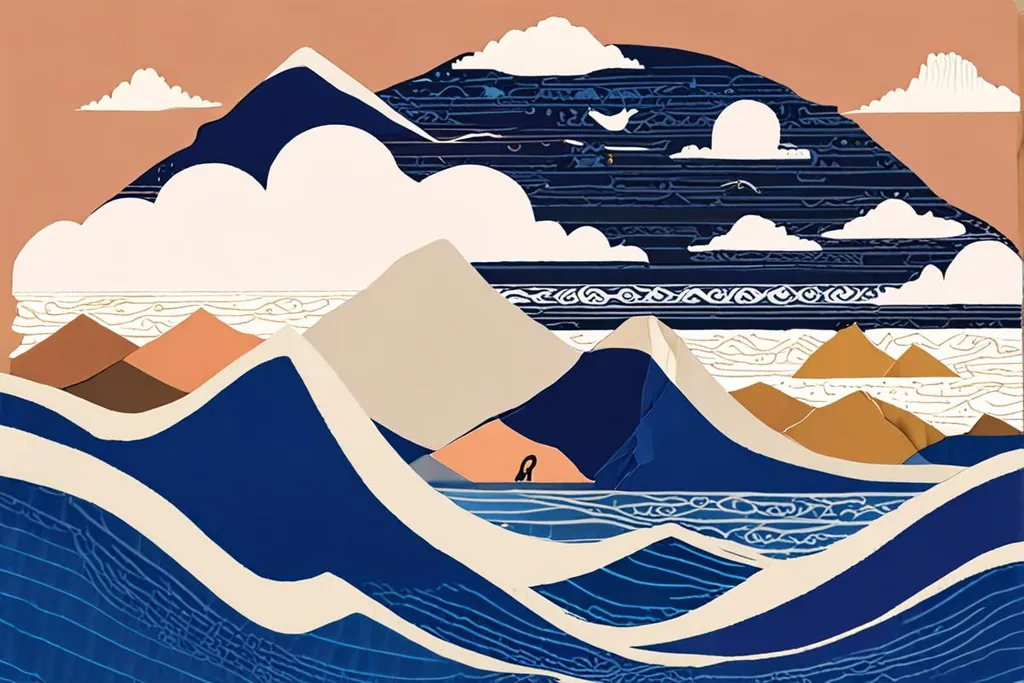 A paper-cut collage of Cape Town, with Table Mountain above the City Bowl, the harbour and waterfront below, an Atlantic beach to one side and cloud pouring over the flat summit.