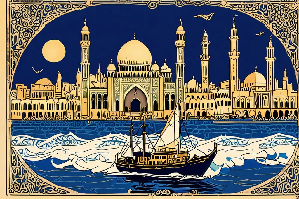 A paper-cut collage of the Hassan II Mosque seen from the sea, its minaret and dome above the water, with a tram and a phone showing a map in the foreground.