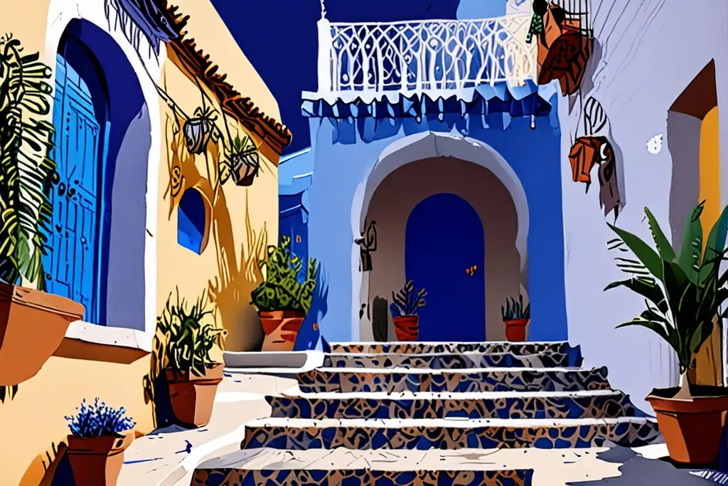 A paper-cut collage of a blue-painted lane in Chefchaouen with a stepped archway, a fountain set into the wall and laundry lines between the houses.