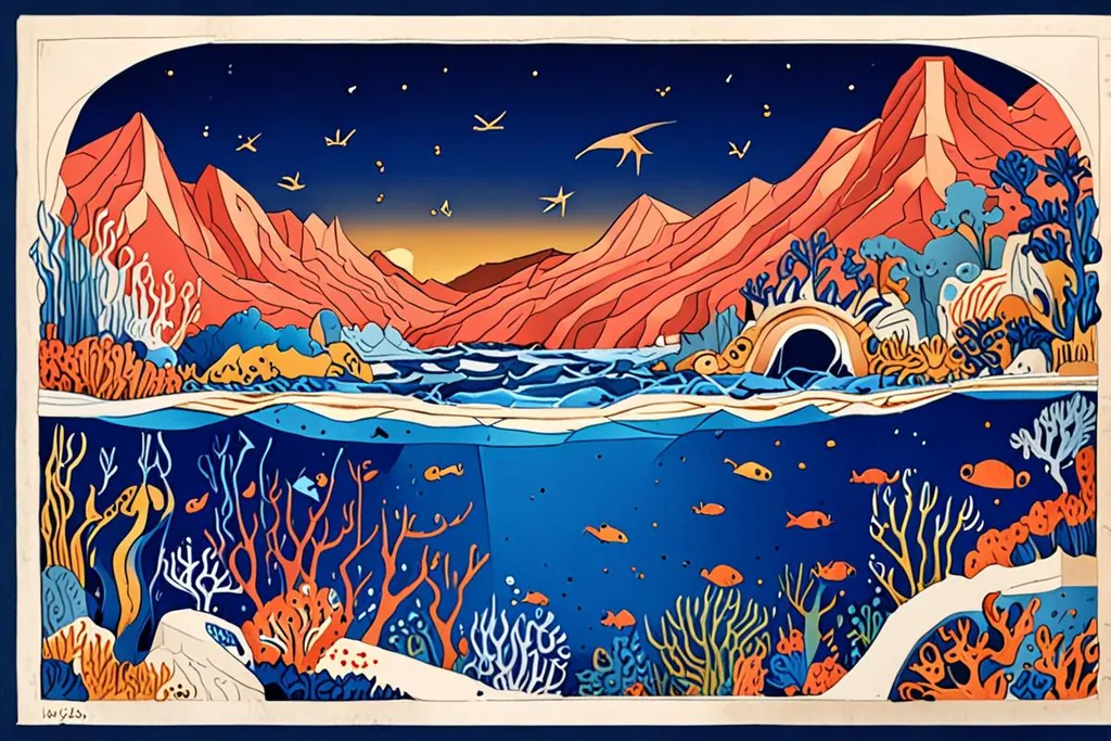 A paper-cut collage of Dahab’s beachfront, with low cushions and shelters along the bay, reef and a deep sinkhole beyond them and the Sinai mountains behind the town.