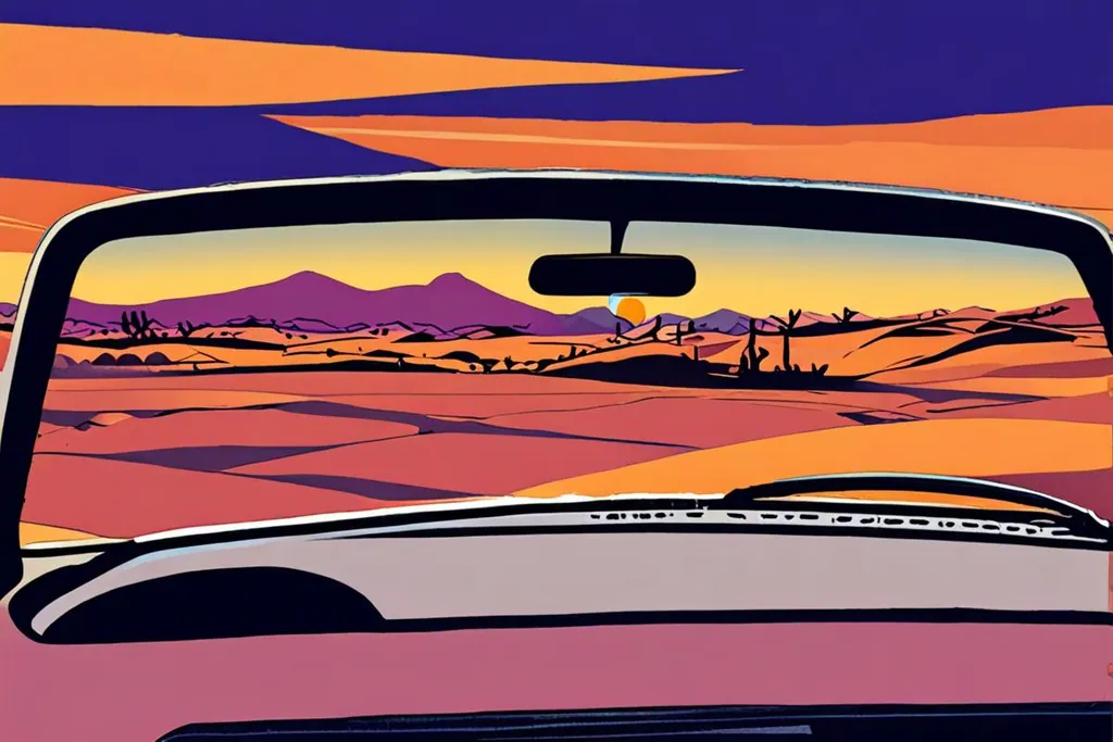 A paper-cut collage of the inside of a car in Morocco: a paper map folded across the passenger seat, a set of car keys and sunglasses on the dashboard, a toll ticket tucked into the sun visor and a Moroccan road atlas open underneath.