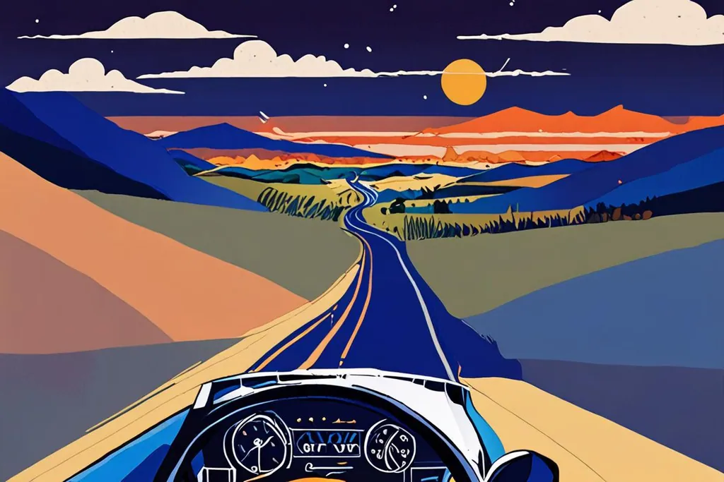 A paper-cut collage of a South African road trip with a car on a wide highway, a toll plaza ahead, a baboon at the verge and a filling station sign.