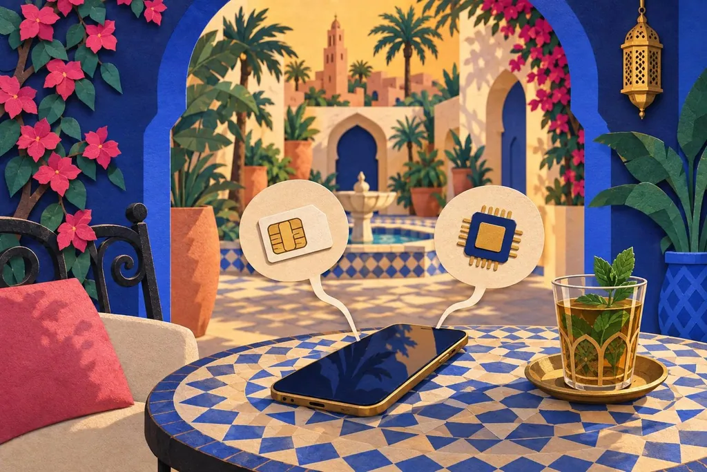 A paper-cut illustration of a phone on a mosaic table with two speech bubbles above it, one tied by a thread to a SIM card and one to a chip.