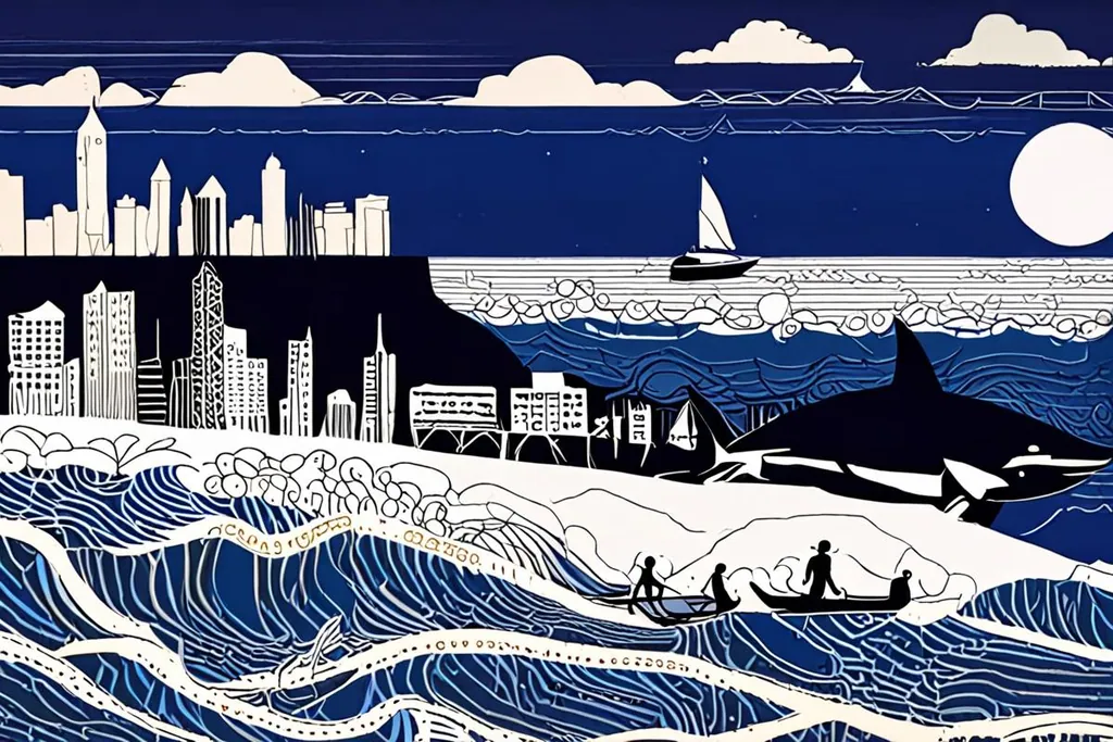 A paper-cut collage of the Durban beachfront, with high-rise hotels behind a curving promenade, a pier and surfers in the sea and a container ship at the harbour mouth.