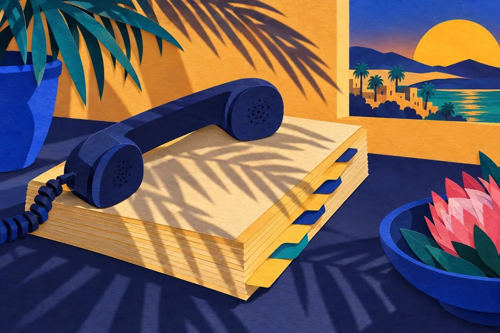 A paper-cut illustration of a telephone directory shown as blank blocks with a handset lying across it and a palm frond shadow falling over the page.