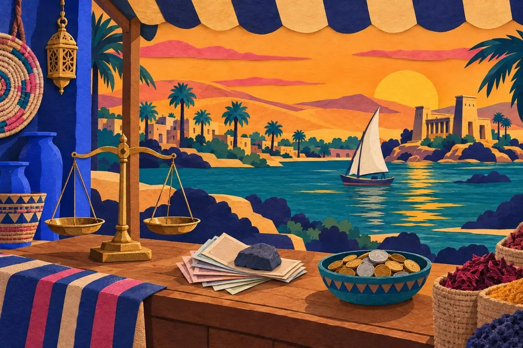 A paper-cut illustration of a market counter with a small brass balance scale, a fan of blank banknotes and a bowl of coins.