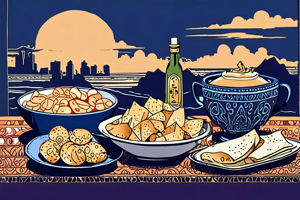 A paper-cut collage of an Egyptian meal, with a bowl of koshary and fried onions, flatbread on a brass tray, small bowls of ful and salad and a coffee pot.