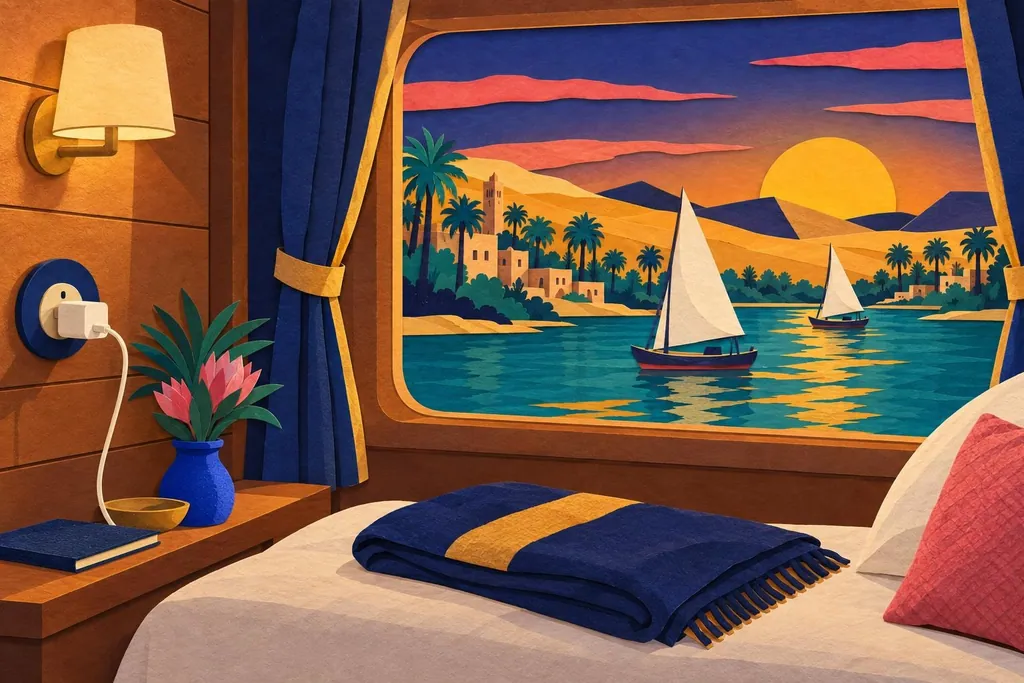 A paper-cut illustration of the inside of a Nile cruise cabin, with a round socket and charger on the wall and feluccas through the window.