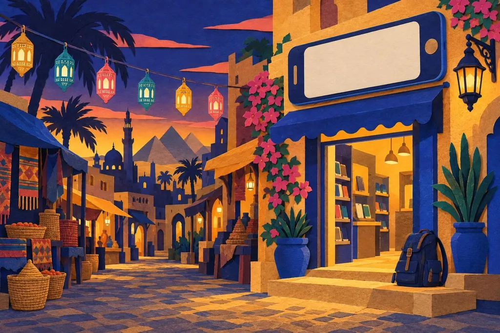 A paper-cut illustration of a Cairo shop front with a blank phone-shaped sign, lanterns strung across the street and a bag on the step.