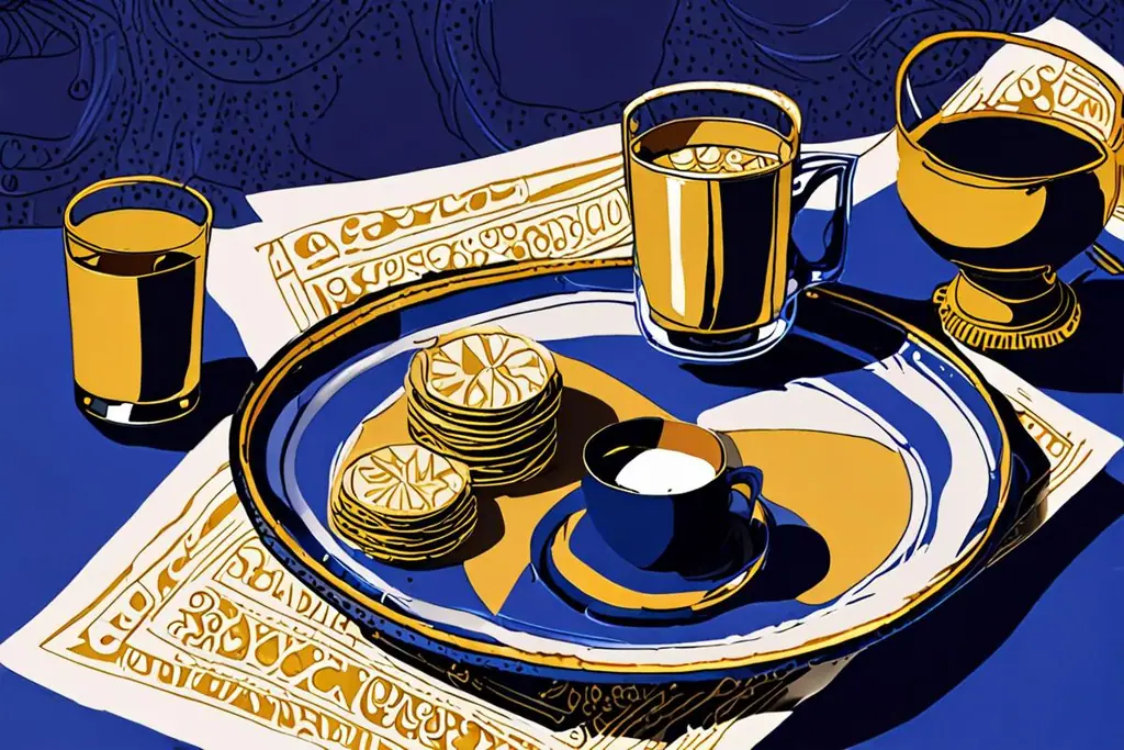 ຄອລາຈກະດາດພັບ ມືສອງຂ້າງຍື່ນເງິນທີ່ພັບເທິງໂຕະຮ້ານກາເຟໃນອີຢິບ, ມີຖາດທອງ ແລະ ແກ້ວຊາ.
