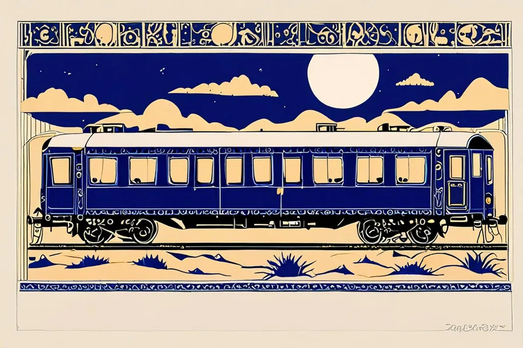 A paper-cut collage of an Egyptian railway platform at dusk, with a blue and white carriage, luggage on the platform and the sleeper cabin window lit.