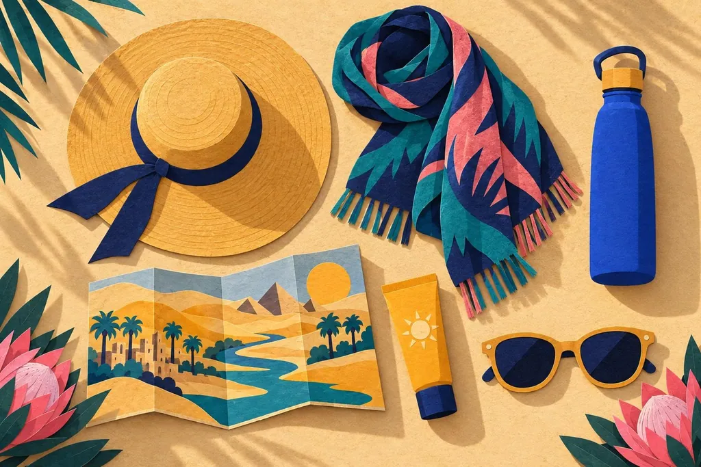 A paper-cut illustration of a packing layout seen from above: a wide hat, a scarf, a water bottle, a folded map and sunglasses.