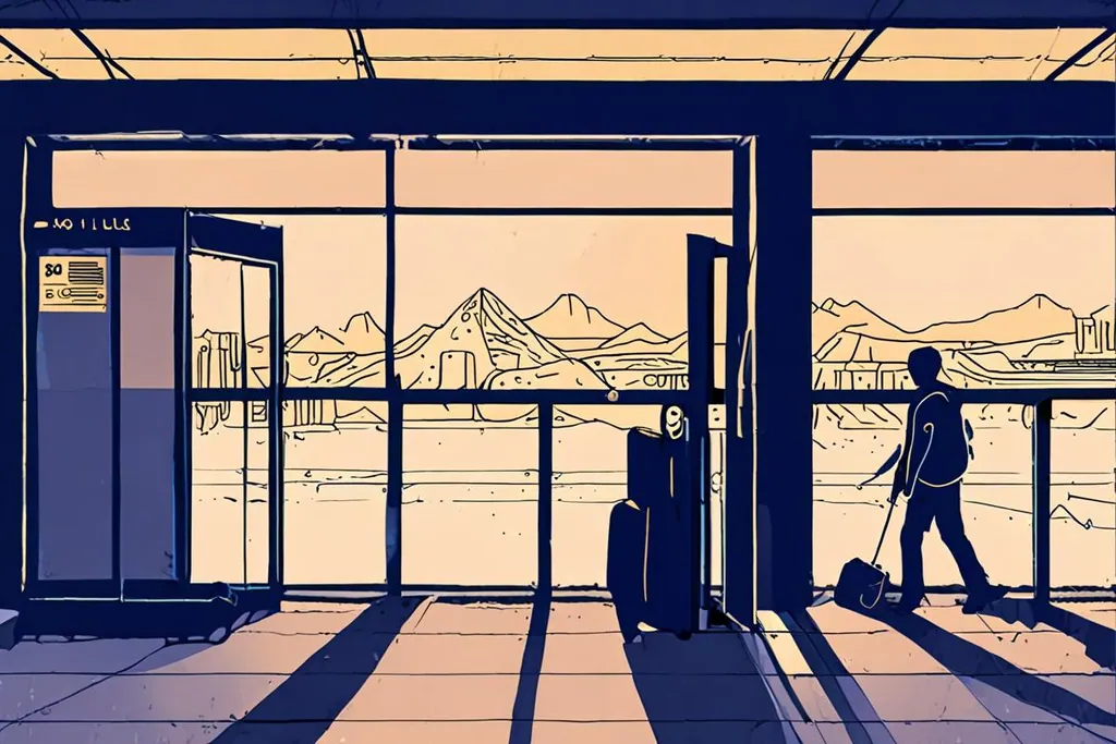 A paper-cut collage of passport control in Egypt, with an open passport showing a stamped visa page, a bank counter and a queue barrier.