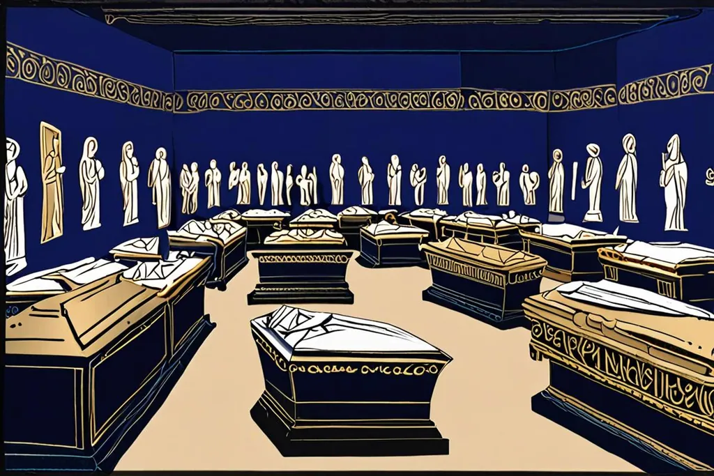 A paper-cut collage of the Egyptian Museum in Cairo, with its rose-pink arched facade on a busy square and a painted sarcophagus and statue visible through the doorway.