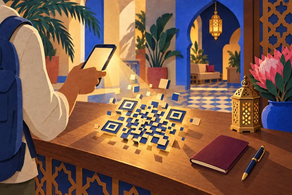 A paper-cut illustration of a QR pattern with its blocks lifting apart and floating upward, light beams from a camera falling on it.
