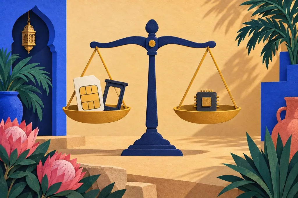 A paper-cut illustration of a balance scale with a SIM card and its tray in one pan and a small chip in the other, sitting level.