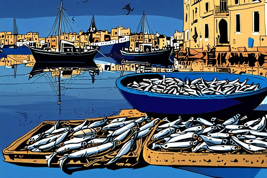 A paper-cut collage of the Essaouira fish port inside the ramparts, with blue wooden boats, a brass cannon on the Sqala above and gulls over the water.