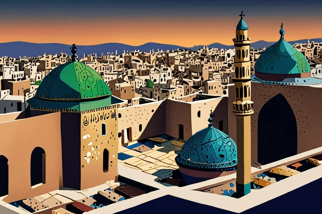 A paper-cut collage of the round stone wells of the Chouara tannery seen from a terrace, with the flat roofs and green tiled minarets of the medina behind and a phone on the parapet.