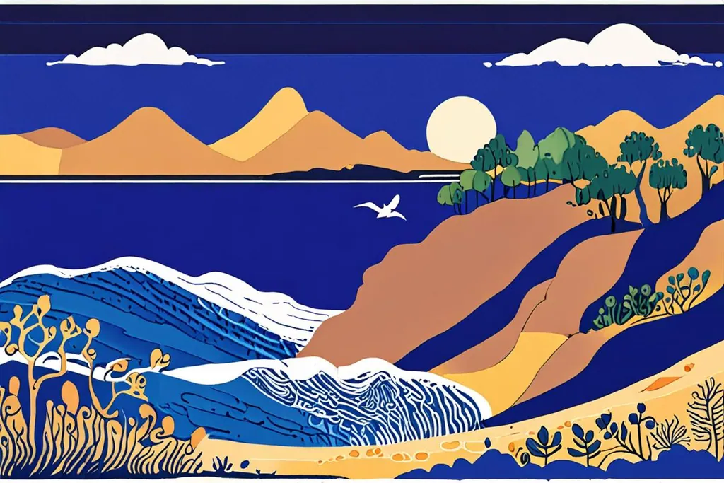 A paper-cut collage of the Garden Route coast, with a road curving between forested hills and a bay, a lagoon mouth to the sea and a suspension bridge over a gorge.