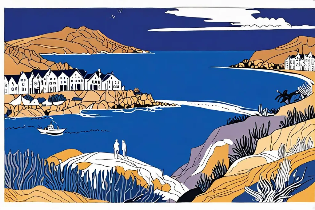 A paper-cut collage of the Hermanus cliff path with figures at a viewing point, a bay below and the tail of a whale breaking the surface near the rocks.