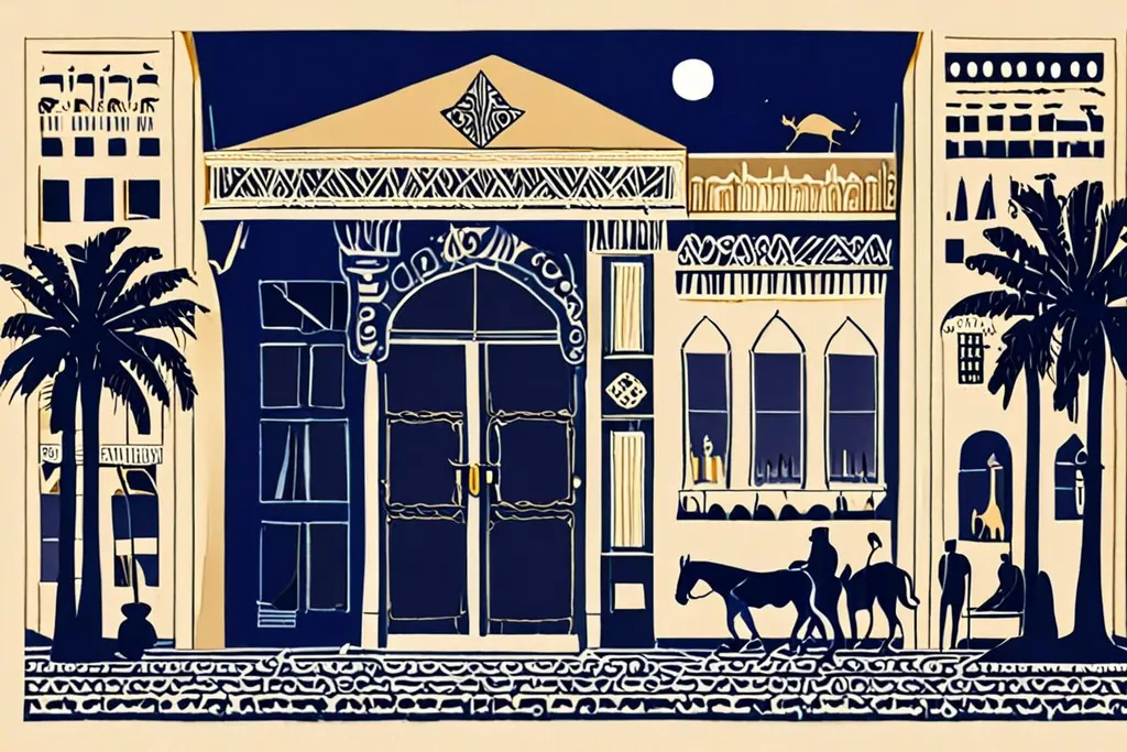 A paper-cut collage of an Egyptian street with a tourist police kiosk, security screening at a hotel entrance and traffic beyond.