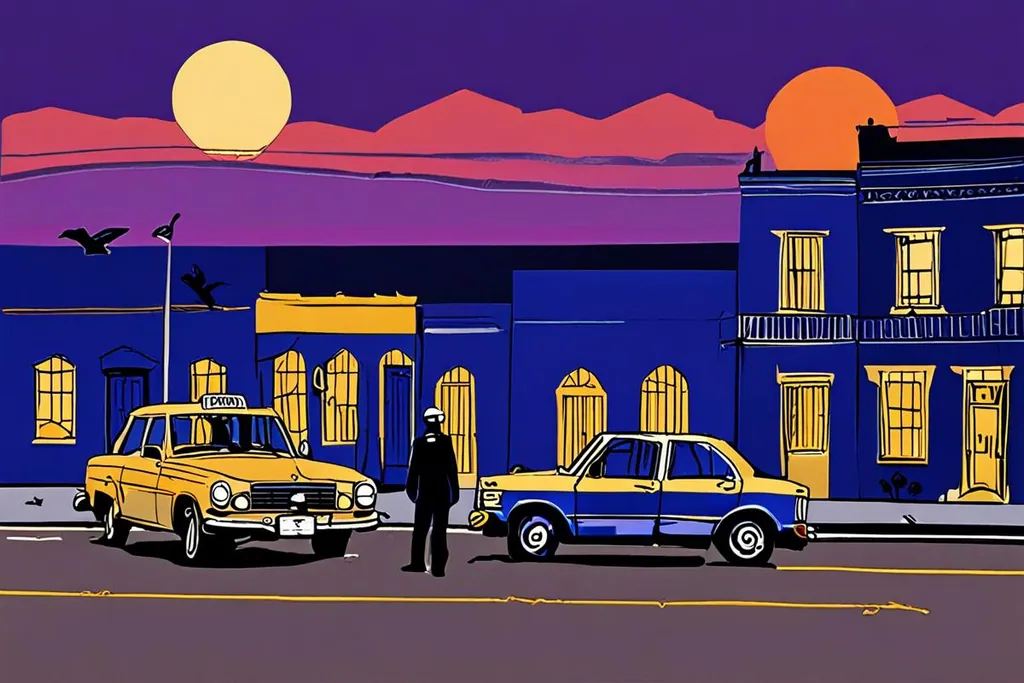 A paper-cut collage of a South African street with a gated entrance and security sign, an attended mall car park and a patrol car on the road.