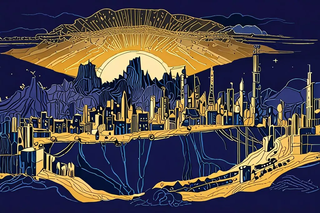 A paper-cut collage of Johannesburg, with the towers of Sandton on one side, the low roofs and a cooling tower of a township on the other and a gold mine dump on the horizon.