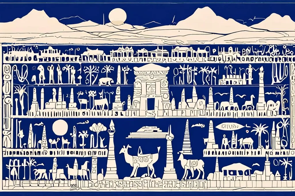 A paper-cut collage of the Great Hypostyle Hall at Karnak, with a forest of tall columns, an obelisk above the roofline and ram-headed sphinxes in the foreground.