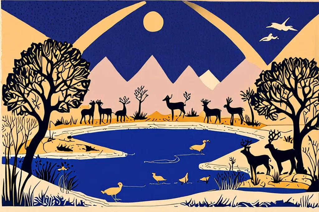 A paper-cut collage of a road through Kruger bushveld, with an elephant crossing in front of a car and a waterhole with antelope beside it.