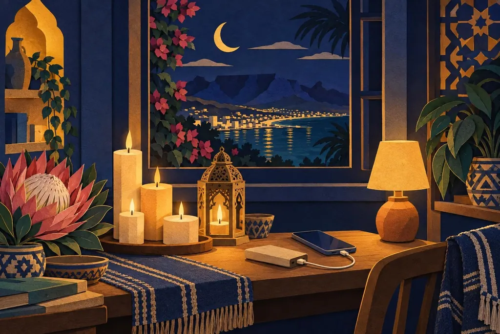 A paper-cut illustration of a table beside a dark window with candles of different heights, a lantern and a power bank charging a phone.