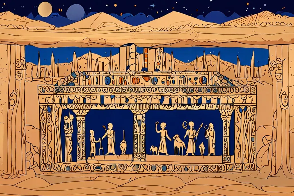 A paper-cut collage of Luxor seen from the river, with temple columns and a pylon on the east bank, an avenue of sphinxes along the water, and balloons over the desert hills on the west bank.
