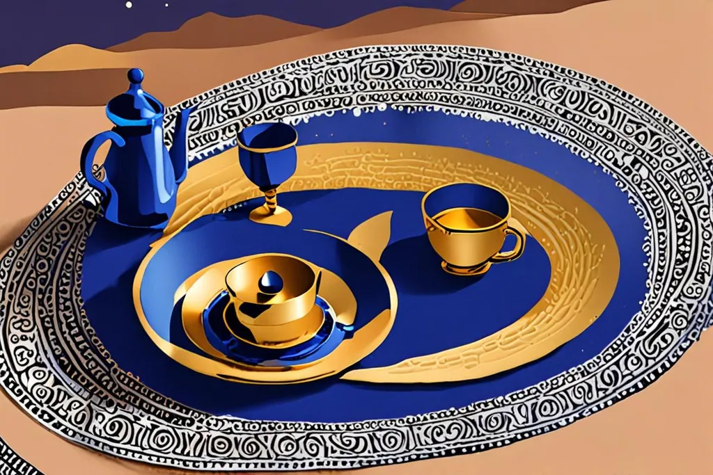 A paper-cut collage of a desert camp at dusk in the Erg Chebbi, with a carpet and cushions on the sand, a lantern, a teapot and a line of camels resting behind.