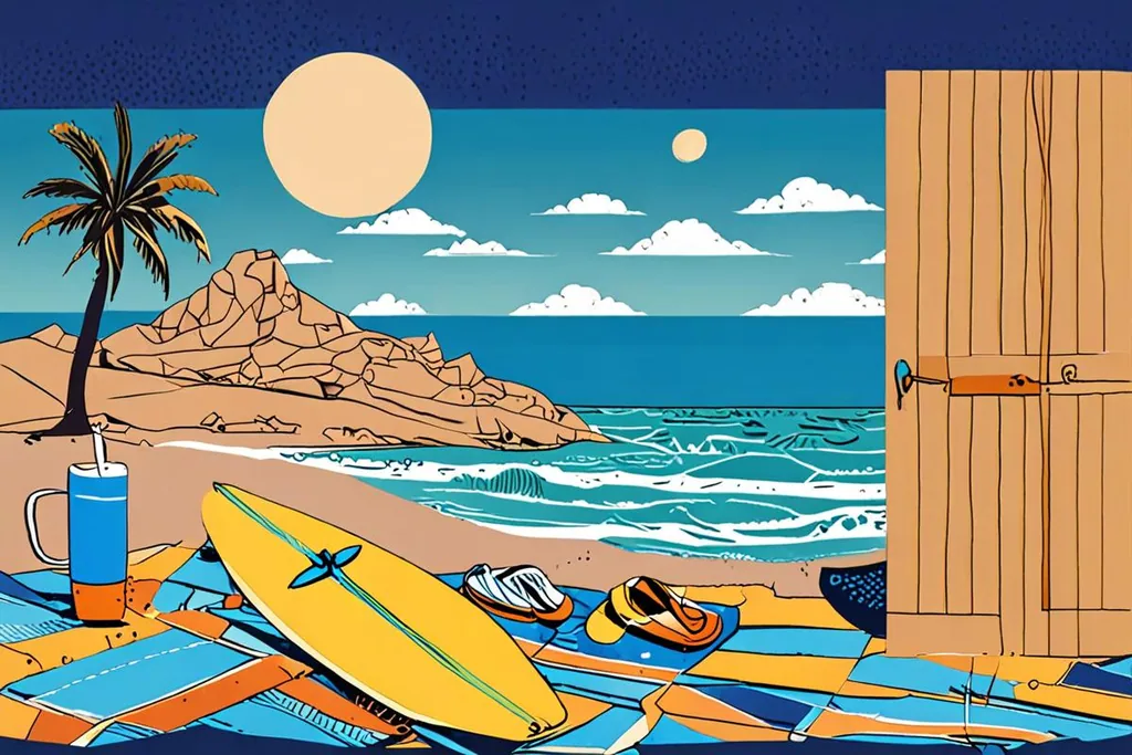A paper-cut collage of a Moroccan beach at the end of the day, with a surfboard standing in the sand, fishing boats pulled up beside a blue and white wall, a lagoon behind, and a seagull over the water.