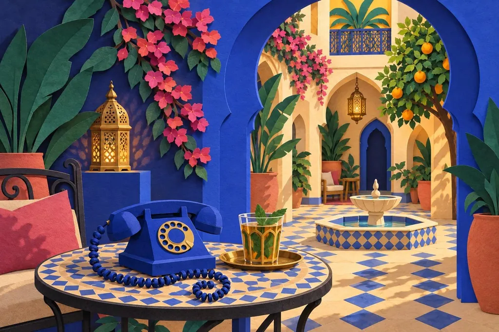 A paper-cut illustration of a telephone handset on a mosaic table with its coiled cord curling into a spiral, a glass of mint tea beside it.
