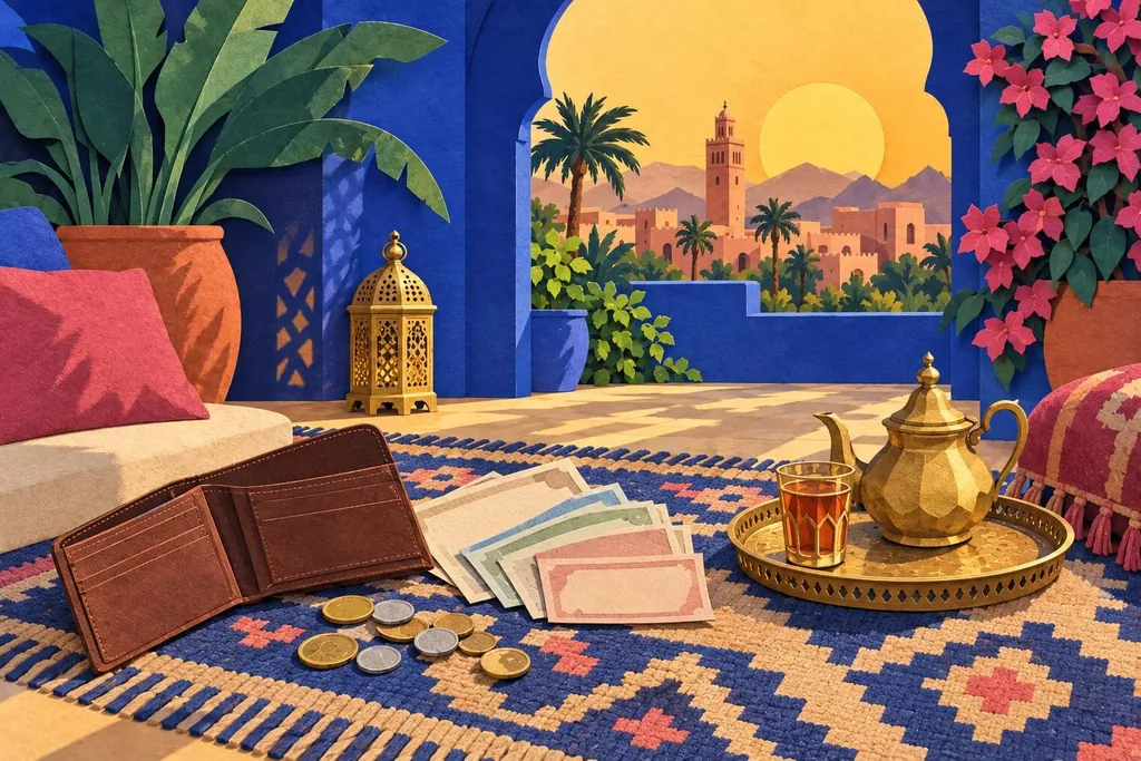 A paper-cut illustration of an open wallet on a woven rug with blank banknotes, scattered coins, a brass teapot and a glass.