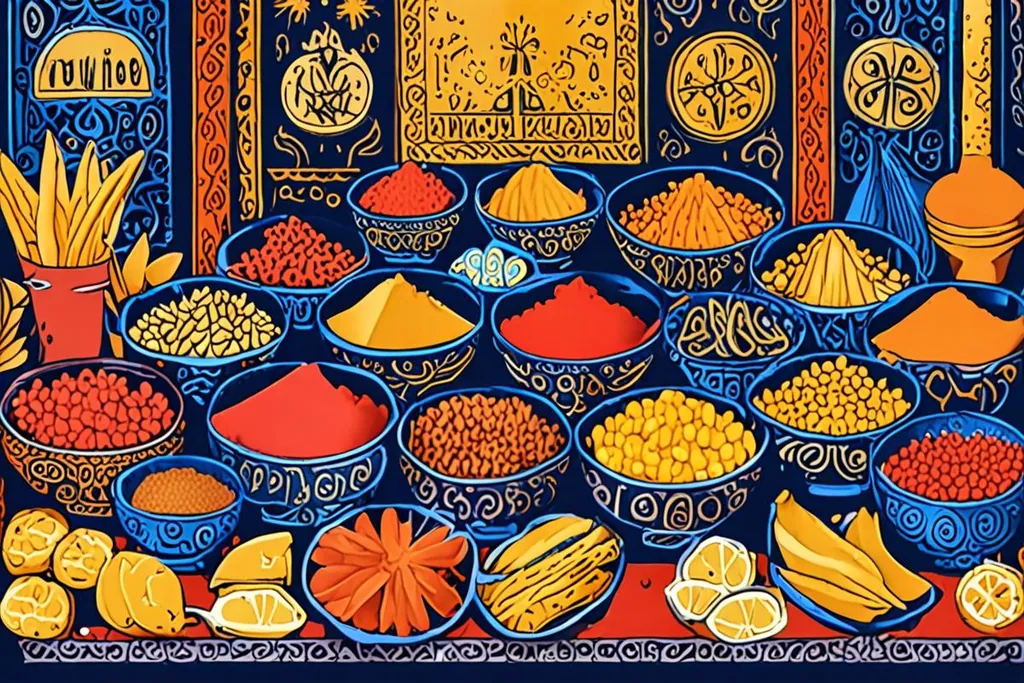 A paper-cut collage of a Moroccan market stall with cones of spices, a brass scale, flatbreads stacked under a cloth and a bowl of preserved lemons.