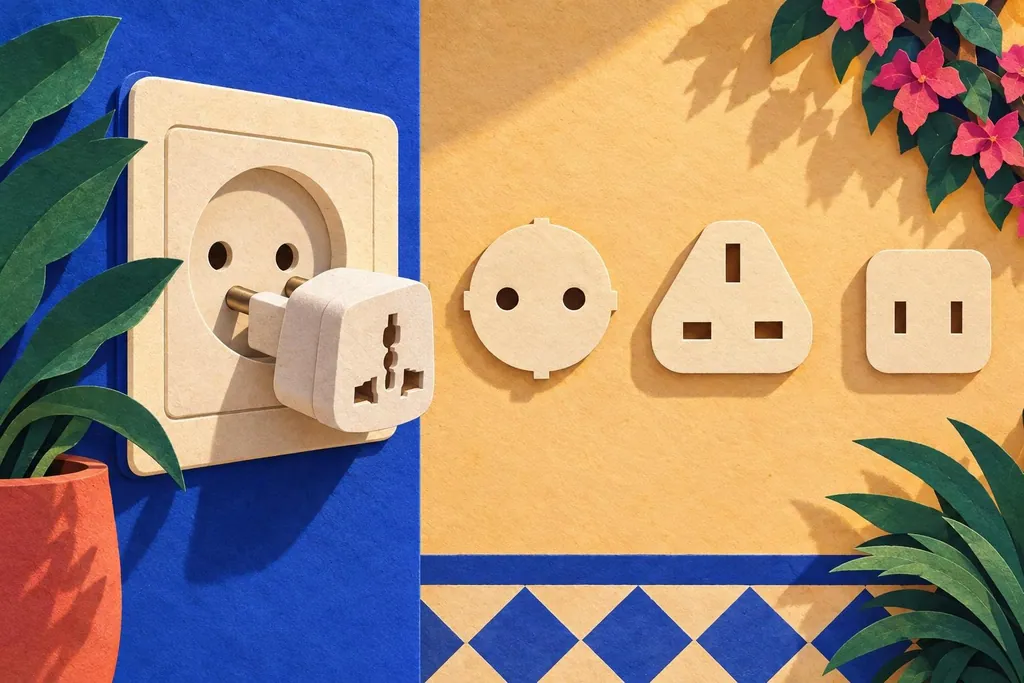 A paper-cut illustration of a round two-pin wall socket with a travel adapter in it, and the three pin shapes laid out beside it.