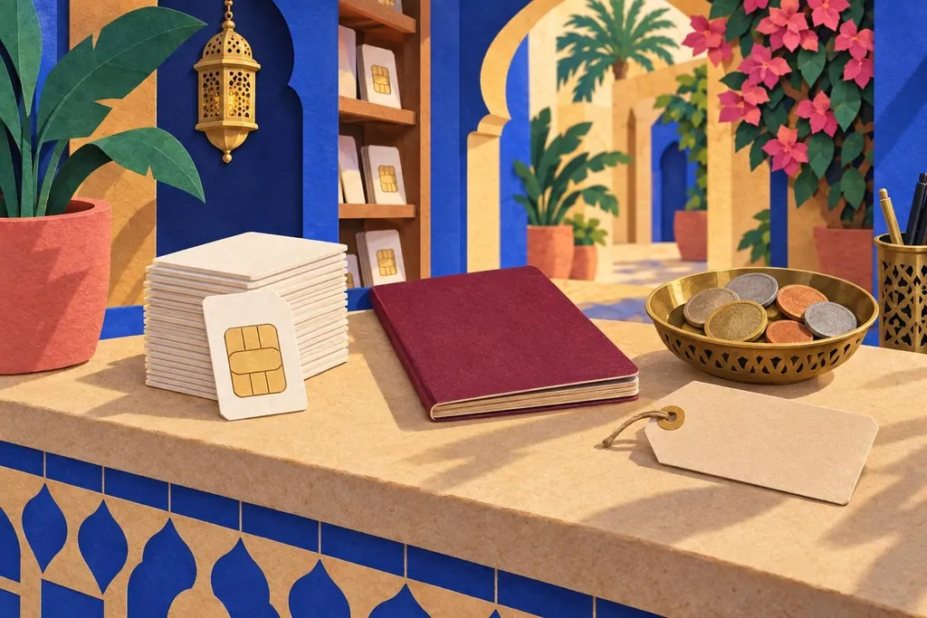 A paper-cut illustration of a phone shop counter with a stack of blank SIM cards, a closed passport beside them and a small dish of coins.