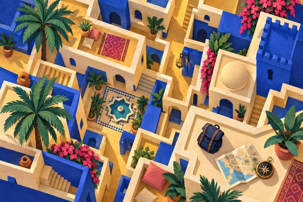 A paper-cut illustration of a medina seen from above as a maze of blue and sand alleys, with a small backpack on one rooftop.