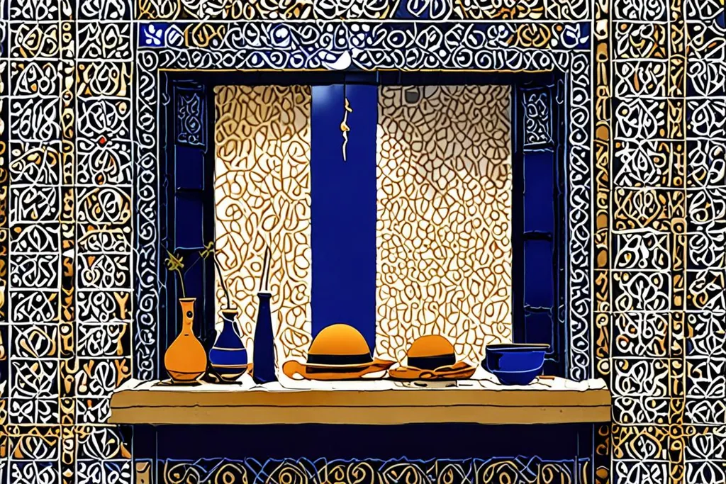 A paper-cut collage of a riad window ledge on a day of two temperatures, with a folded blanket and a straw hat side by side, a small thermometer on the wall, sun on the tiles and rain running down the glass above.