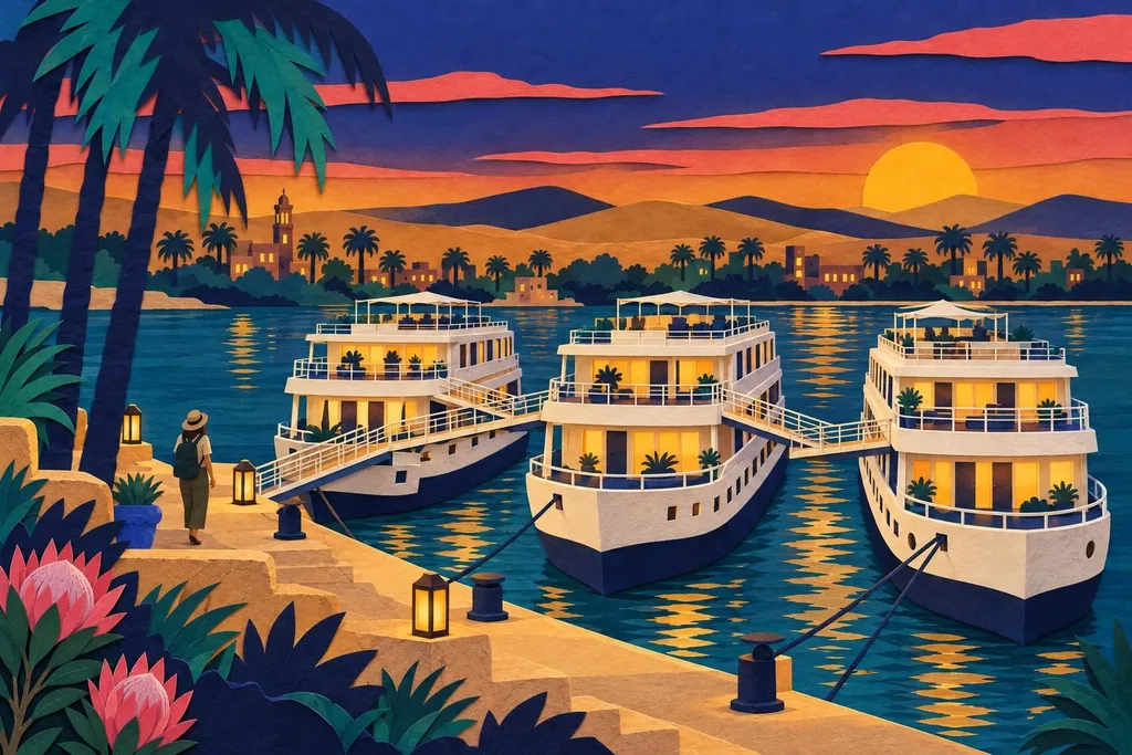 A paper-cut illustration of three white cruise boats moored side by side at a riverbank, their gangways linked across each other.