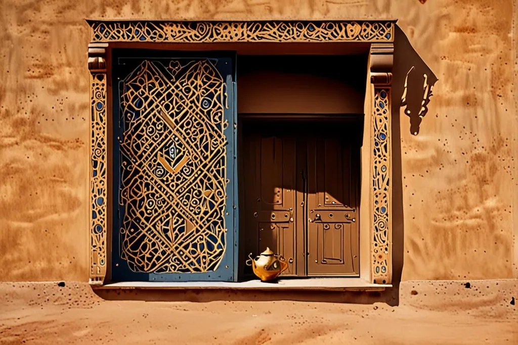 A paper-cut collage of a doorway in the Kasbah Taourirt at Ouarzazate: geometric motifs cut into the rammed earth above the lintel, a pierced brass lantern on a bracket, a woven reed mat and a pair of sandals beside the step.