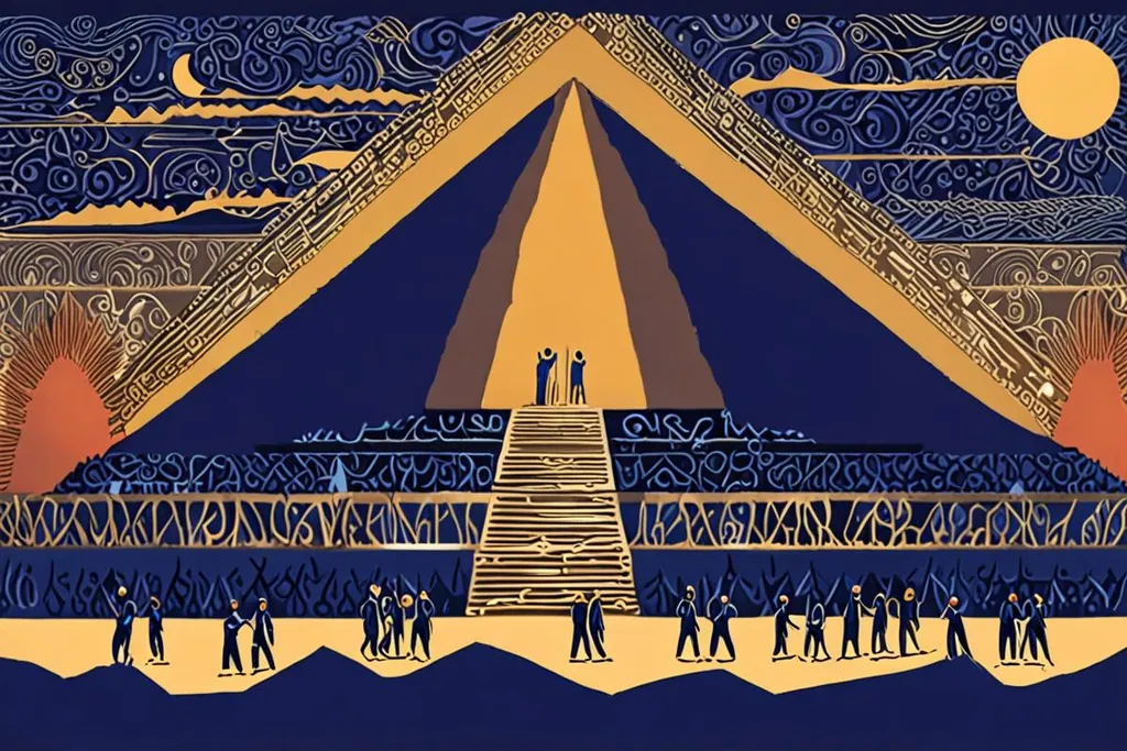 A paper-cut collage of the Giza plateau with the three pyramids along the ridge, the Sphinx in front of them and a camel train crossing the sand in the foreground.